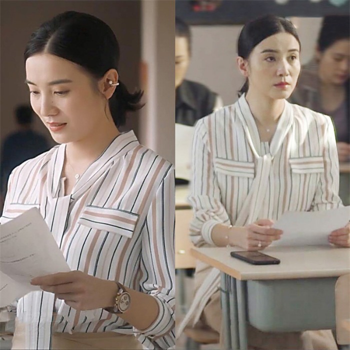 小舍得宋佳明星同款夏条纹印花衬衫v领飘带双口袋上衣衬衫女长袖