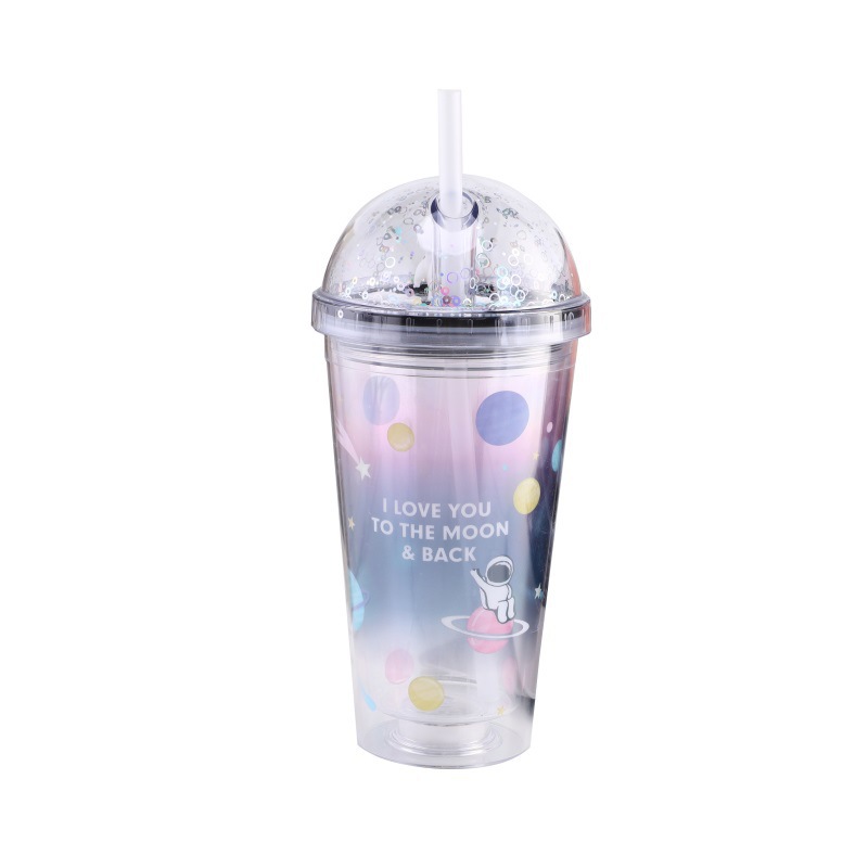 Spaceman Plastic Cup Student Large Capacity Portable Cup Summer Portable Cartoon Cup with Straw Wholesale