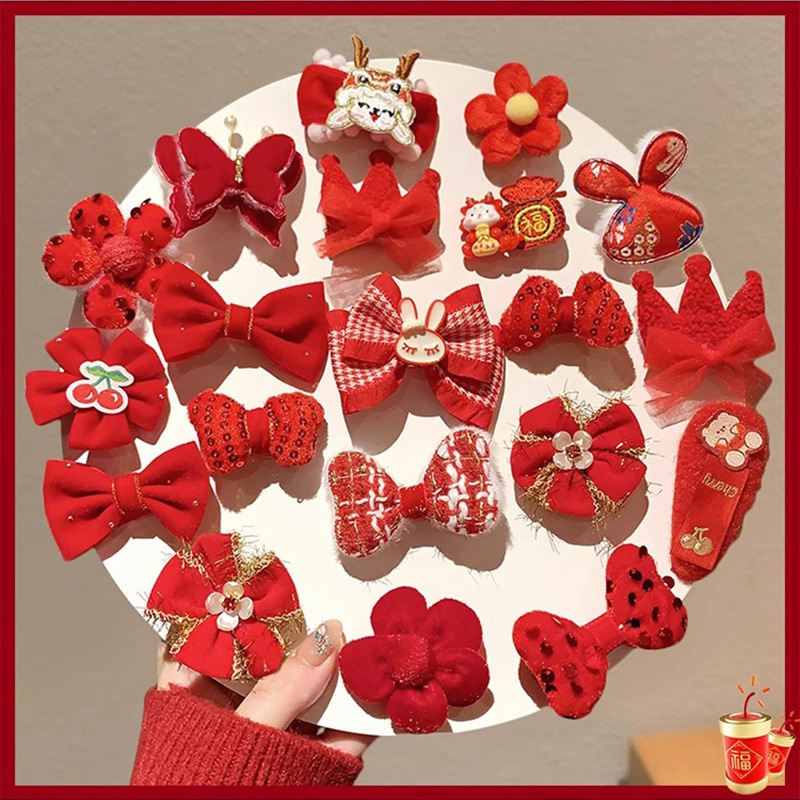 Chinese Style New Year Headwear Children's New Year Hair Accessories Plush Barrettes Girls' Bow New Year Hairpin Baby Sippy Cup