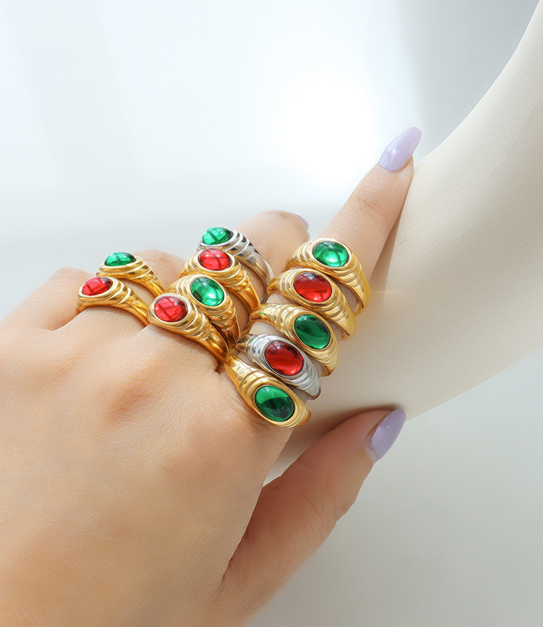 神秘古埃及法老红绿眼宝石锆石镶嵌项链钛钢镀金指环戒指首饰套装