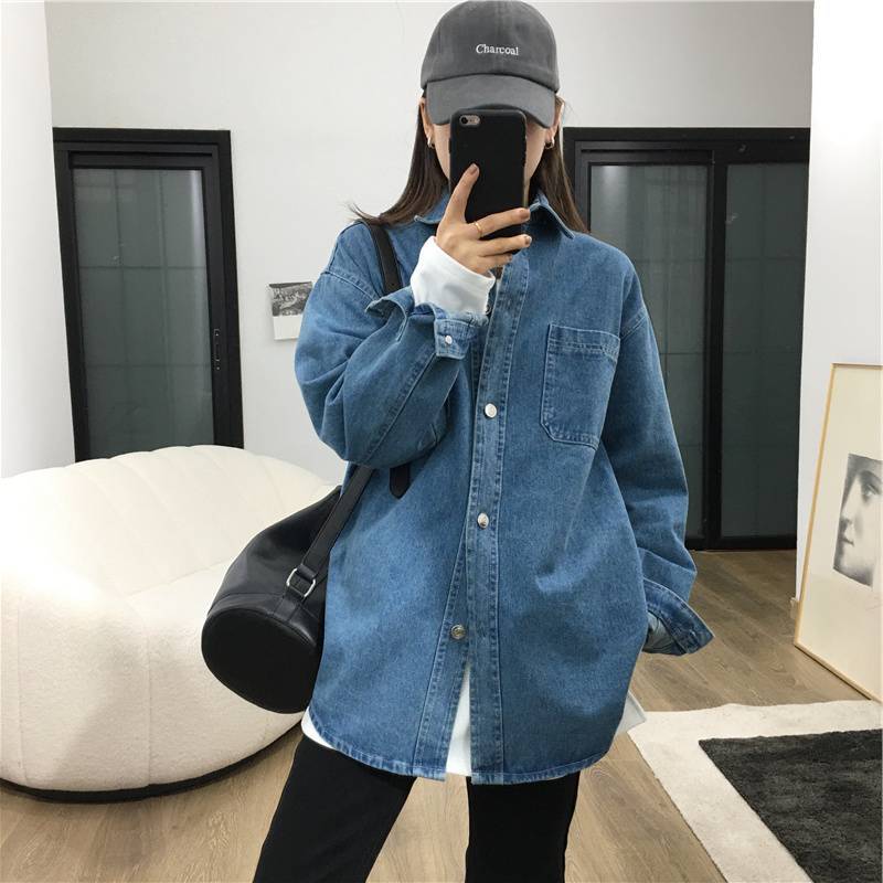 衬衣设计感小众女春秋新款叠穿加厚复古休闲牛仔衬衫女慵懒风设计