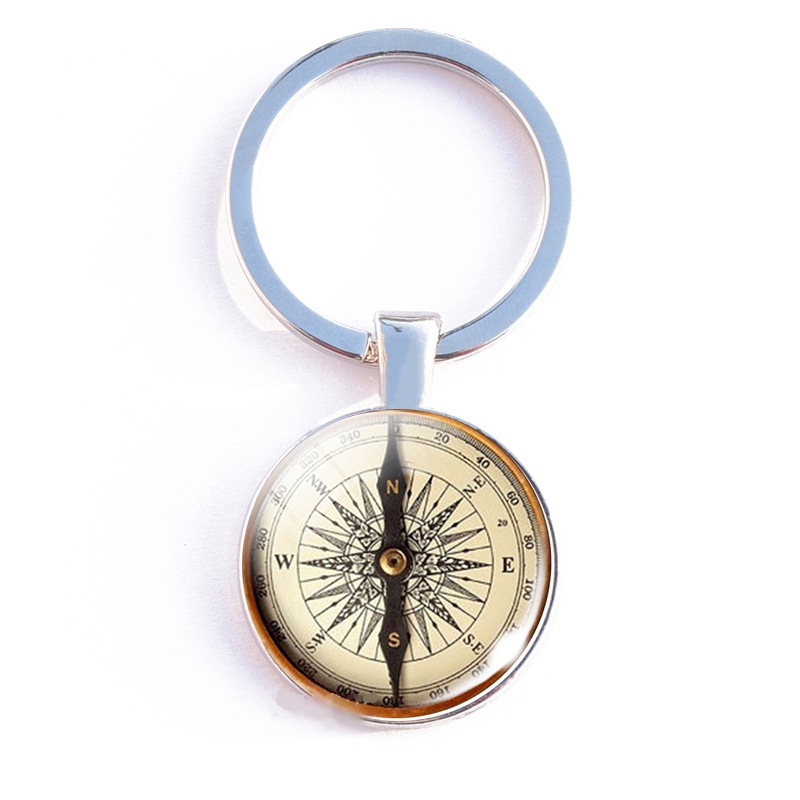 复古指南针钥匙扣双面玻璃挂件金属饰品男女包挂旅行礼物外贸批发