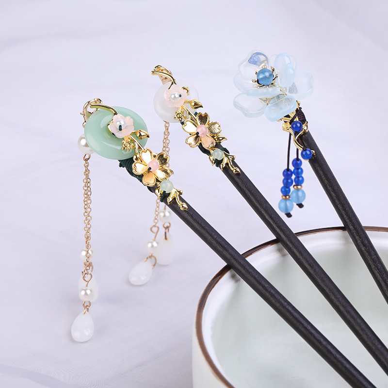 Updo Wooden Hair Clasp Wooden Hairpin Antique Hair Accessories Solid Wooden Hair Clasp Hairpin Headdress for Han Chinese Clothing Tassel Buyao Cheongsam Hairpin