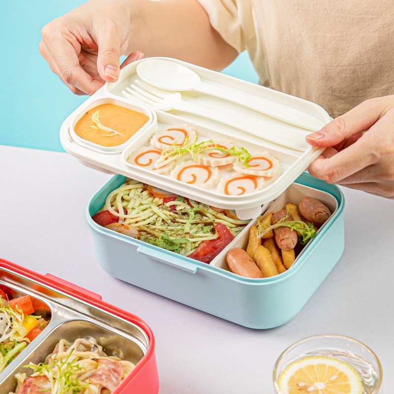 D56 Japanese Lunch Box Stainless Steel Divided Lunch Box Set Office Worker Student Bento Box Microwave Oven Special Heating