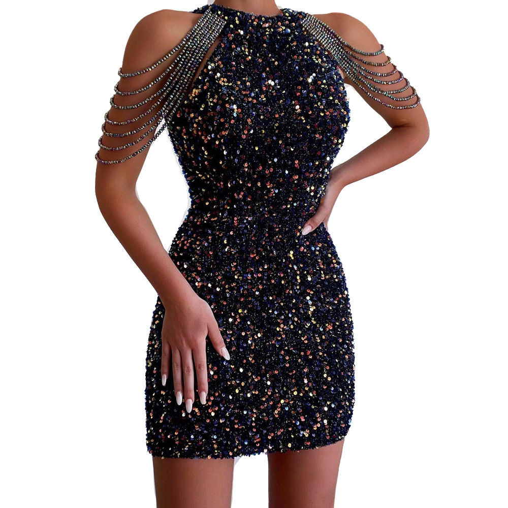 Spring 2023 European and American New Sexy Fashion Halter Strapless Fringed Sheath Crystal Stitching Sequins Dress