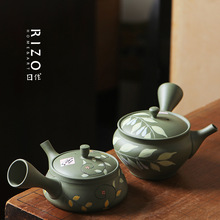 日本常滑烧茶具 玉光窑 梅原廣隆手作朱泥窑变黑手绘柿子横手茶壶