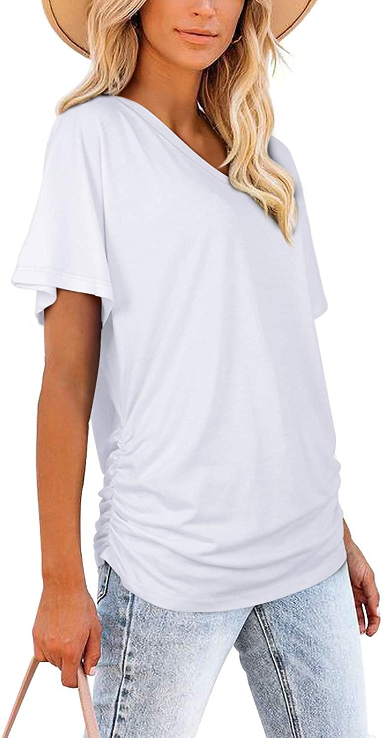 2021亚马逊跨境女上衣 欧美纯色蝙蝠袖侧面抽褶v领短袖t恤女