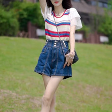韩版条纹撞色时尚拼接蕾丝袖针织套头上衣女夏季高腰百搭单穿上衣