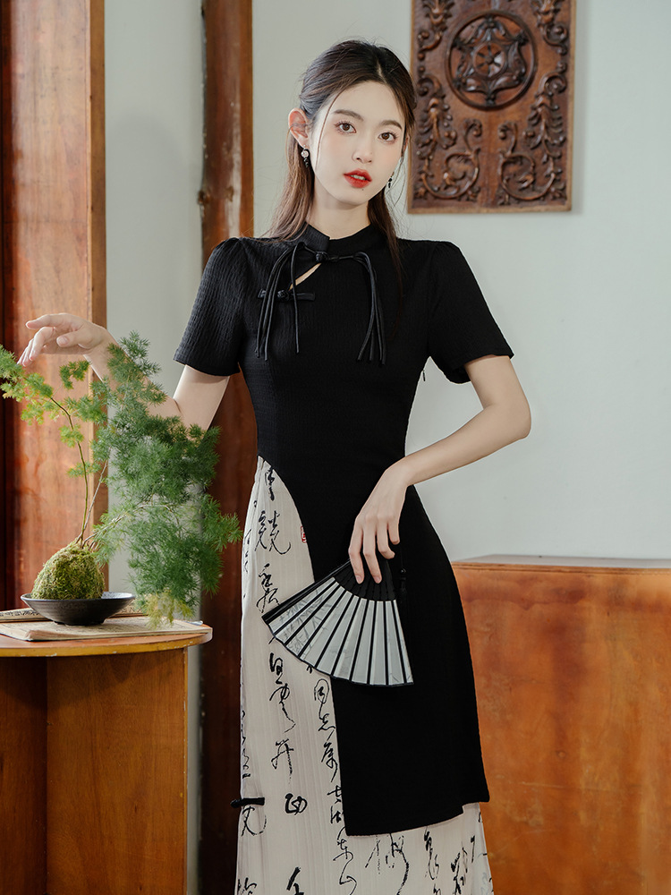 新中式女装黑色改良版旗袍水墨连衣裙国潮夏季套装女夏小众设计感