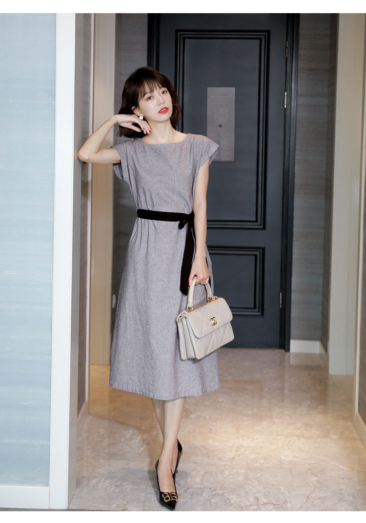 复古千鸟格连衣裙女2021新款夏系带收腰宽松显瘦长款格子连衣裙子