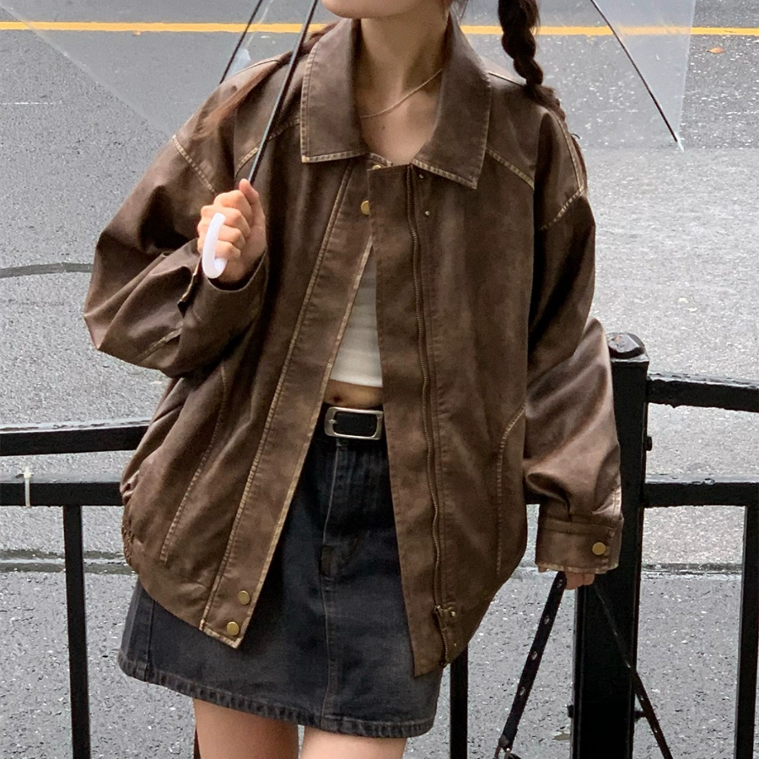 H X Retro Brushed Old Lapel Leather Coat for Women Spring and Autumn Loose Sweet Cool Motorcycle American Jacket Short Coat