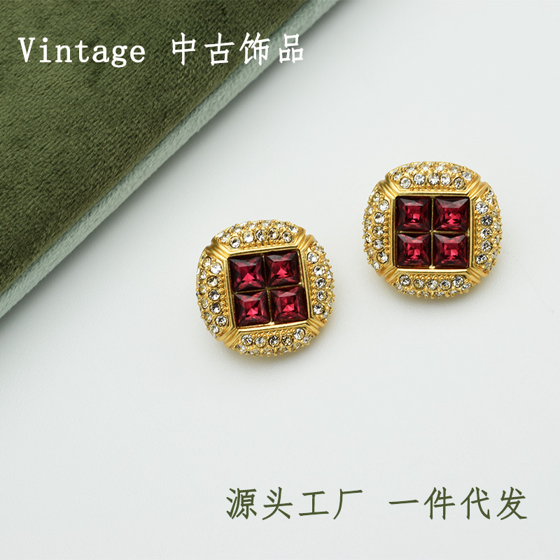 中古Vintage法式圆形重工质感红宝石镶钻女士耳钉
