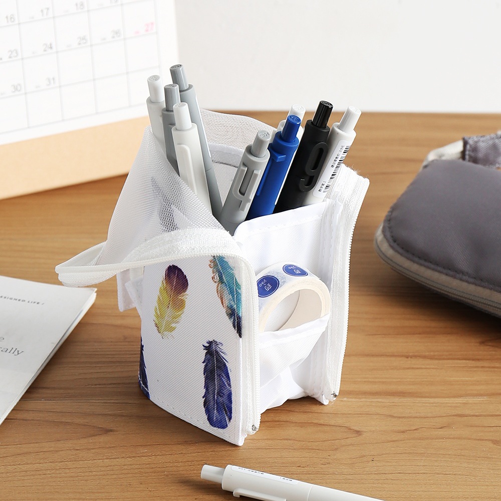 日本kokuyo国誉笔袋简约ins羽翼网纱透明笔筒式笔袋大容量文具包