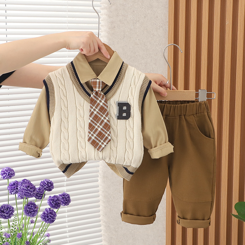 Boys Autumn Clothing Suit Tie B- Shaped Sweater Three-Piece Set 2023 New 1-2-4 Years Old Children's Wear Casual Fashionable