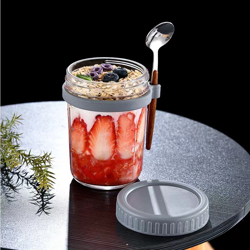 Overnight Oat Cup Portable Yogurt Breakfast Cup Mason Cup Milk Glass Cup with Spoon and Lid Scale Salad Cup