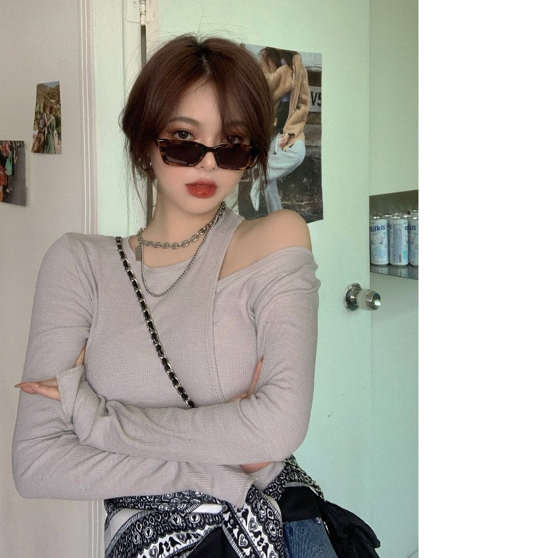 t恤女假两件紧身露肩长袖内搭打底衫秋季ins潮设计感小众灰色上衣