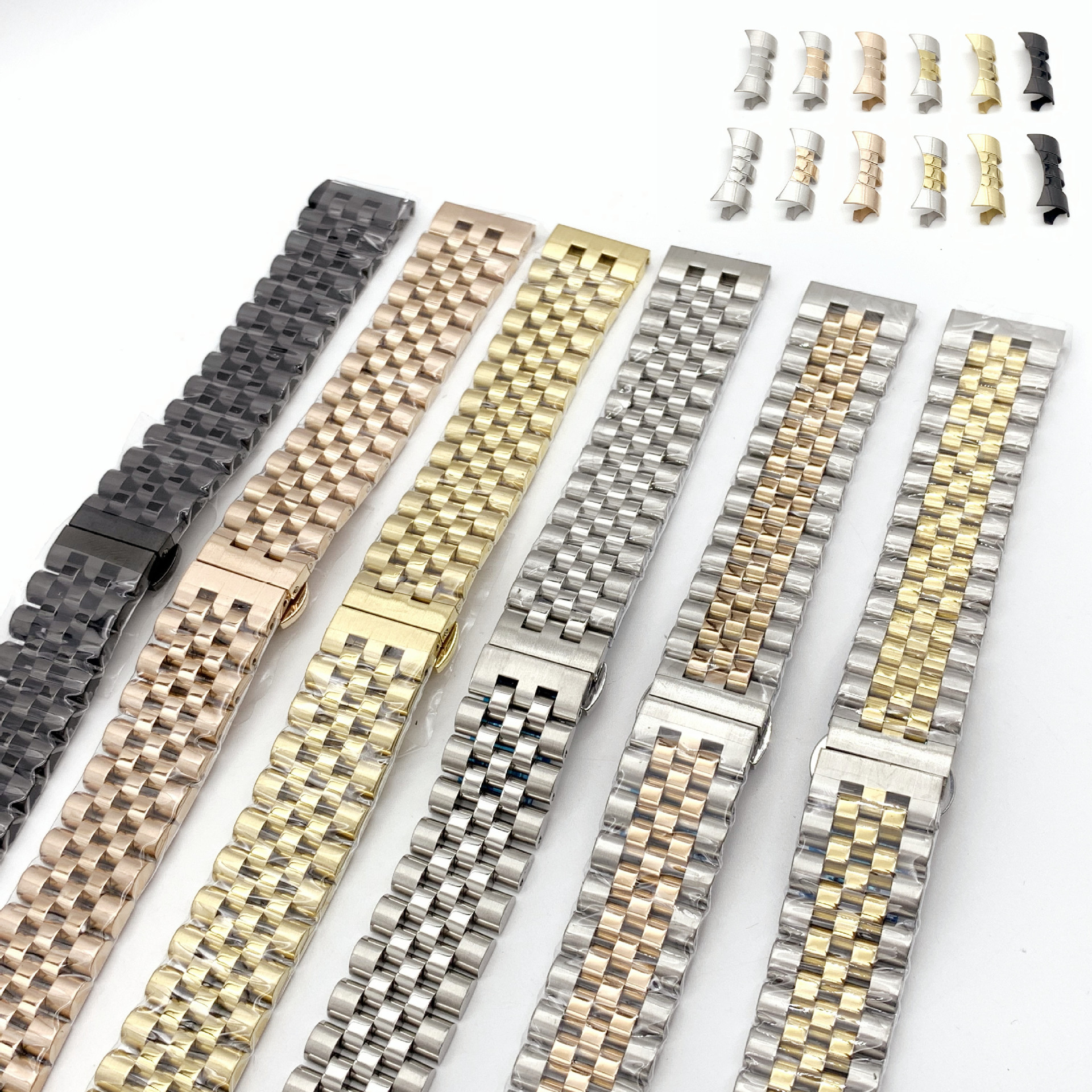 精钢手表带 五珠日志系列钢表带 表配件不锈钢蝴蝶扣实心钢带表链