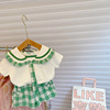 girl summer Short sleeved suit 2022 New Korean Children lattice bow Two piece set Girls Children's clothing