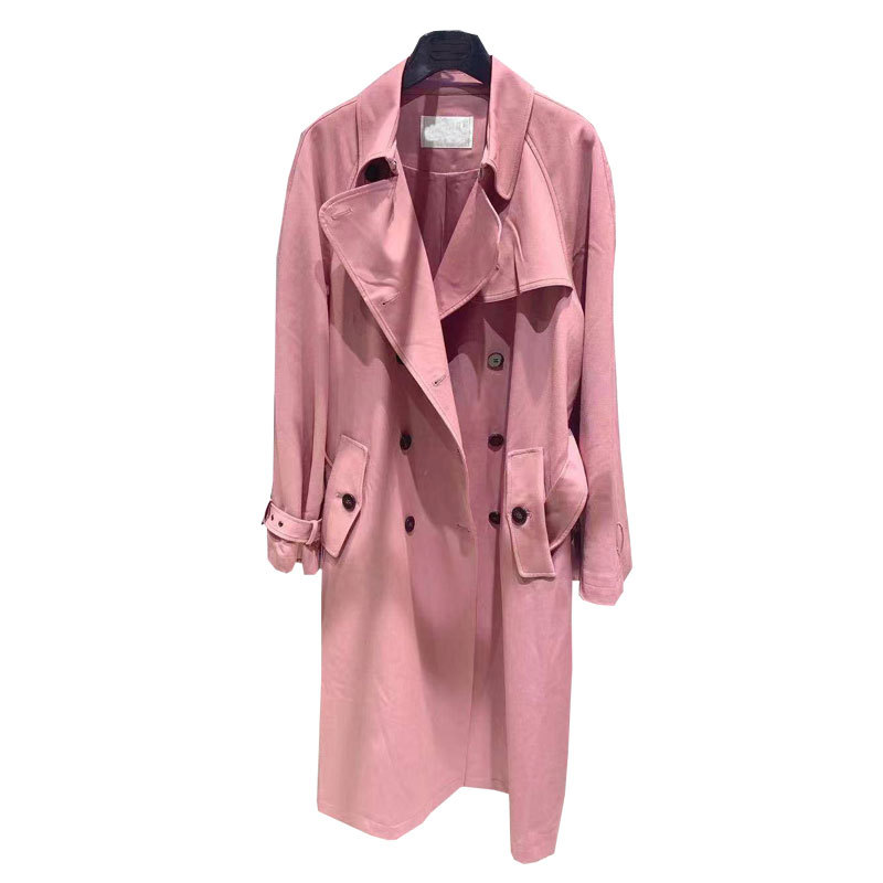 2021年哥弟新特官方旗舰店秋季新款女装粉色双排扣中长风衣外套