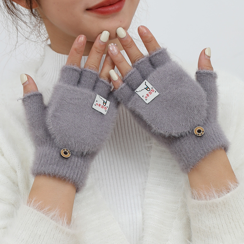 New Plush Winter Half Finger Flip Warm Thickened Factory Finger Leakage Imitation Mink Knitted Student Writing Gloves