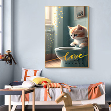 北欧创意餐厅背景墙装饰画可爱猫咪客厅竖版童趣挂画儿童房卧室画