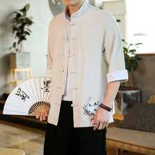 中国风棉麻衬衫男短袖盘扣立领唐装外套夏季中式复古仙鹤刺绣衬衣