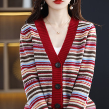 毛衣女2022年秋冬新款V领短款宽松撞色针织开衫洋气外套条纹上衣