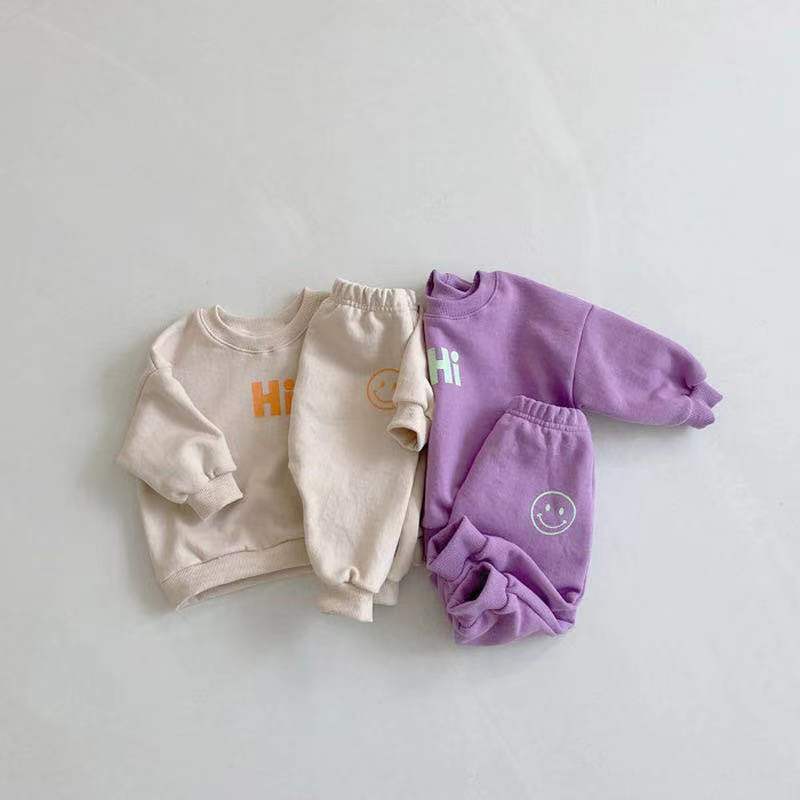 Ins Spring and Autumn Infant Baby Smiley Hi Sweater Suit Boys and Girls Sports Sweater Two-Piece Suit Fashion Baby Clothes