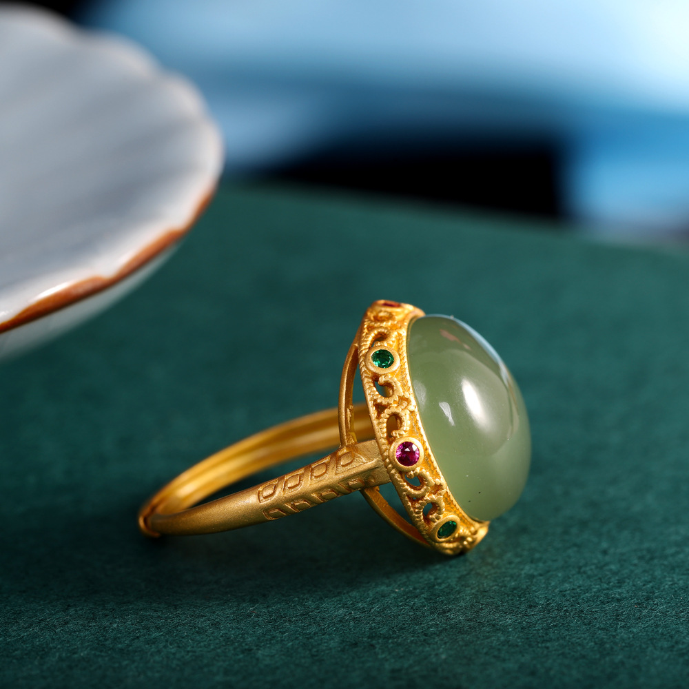 人品银品 s925银镶嵌 和田玉青玉几何戒指 时尚国风女式开口戒指