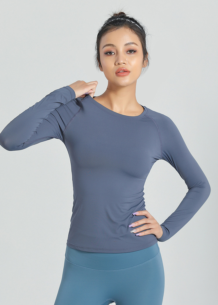 新款秋季健身运动瑜伽上衣女 暴汗锦纶健身服 圆领长袖瑜伽服女