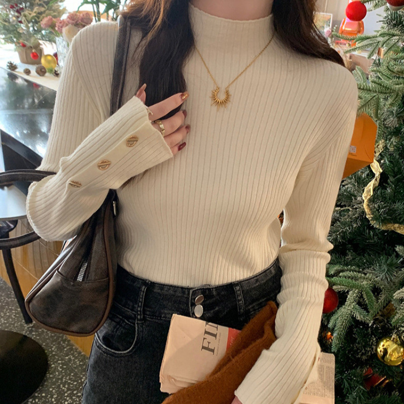 半高领打底衫女春秋新款洋气白色内搭早秋毛衣设计感小众针织上衣