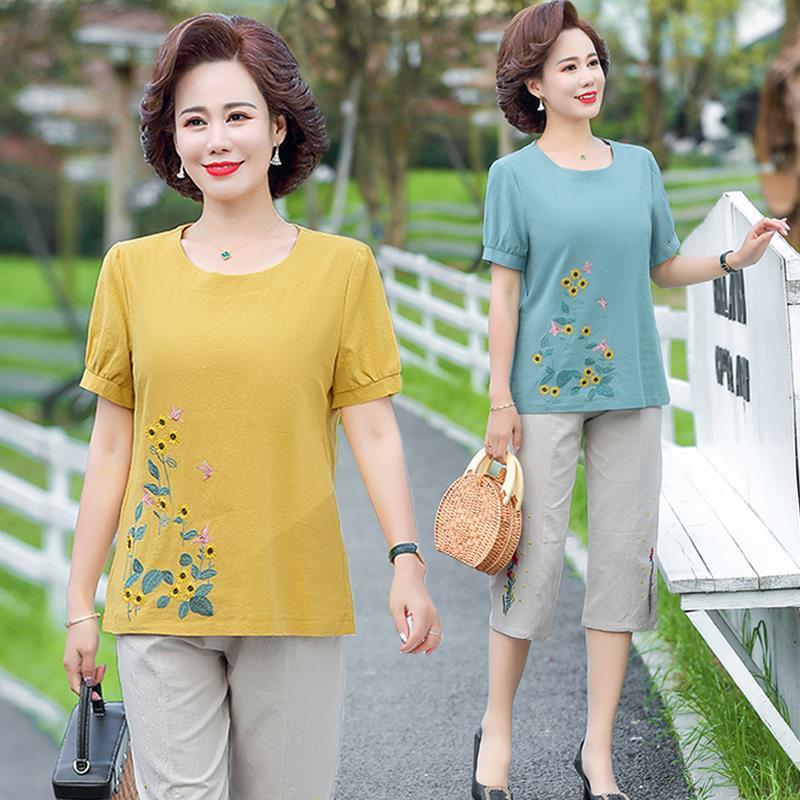 妈妈夏装洋气棉麻套装中老年女装绣花短袖t恤时尚棉绸上衣两件套