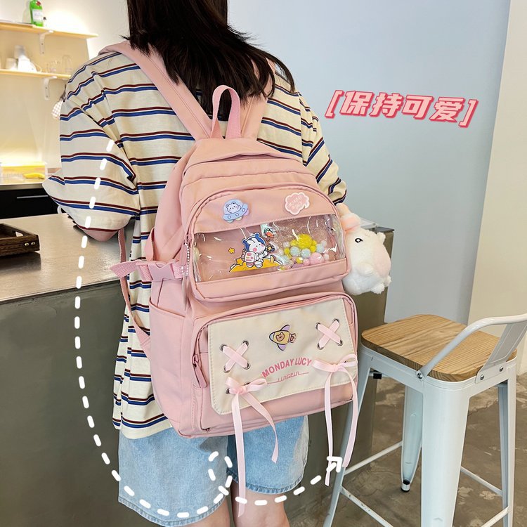 Japanese Campus College Style Fresh Creative Cute Bow Drawstring Transparent Soft Girl Student Backpack Schoolbag