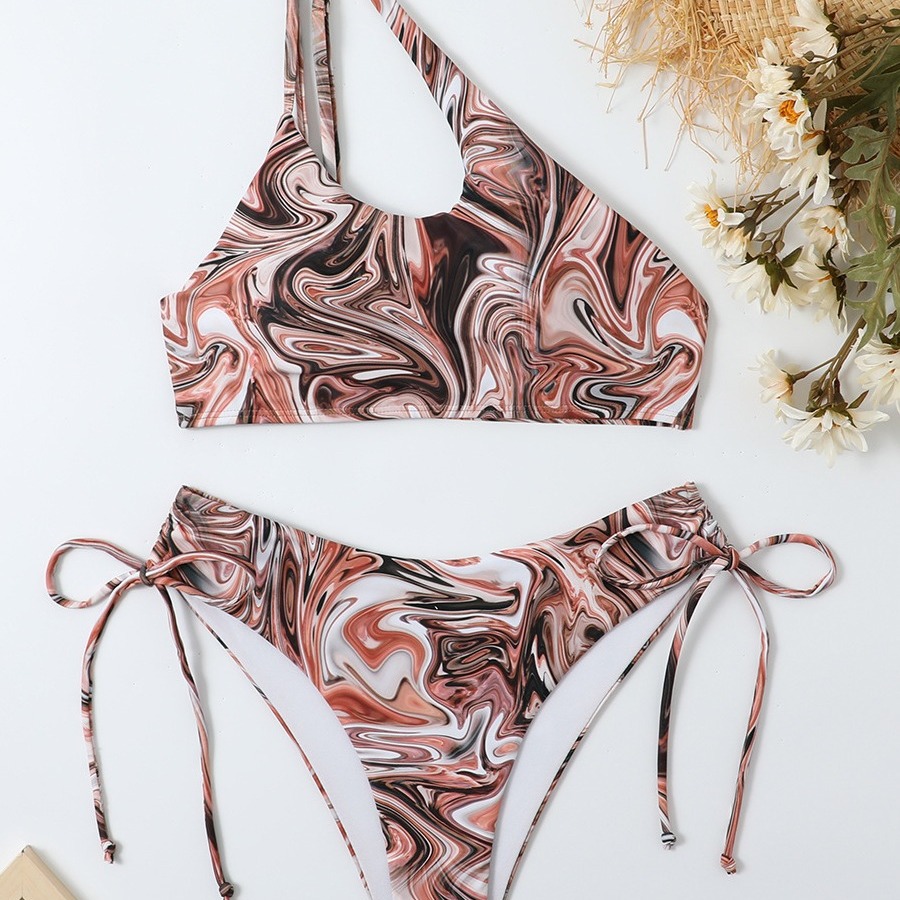 欧美新款跨境出口亚马逊爆款印花单肩系绳时尚性感分体比基尼泳衣