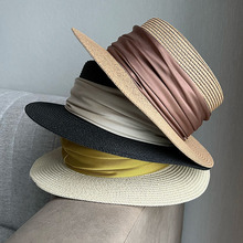 设计师法式绸缎气质礼帽褶皱织带草帽女夏季防晒遮阳帽度假太阳帽