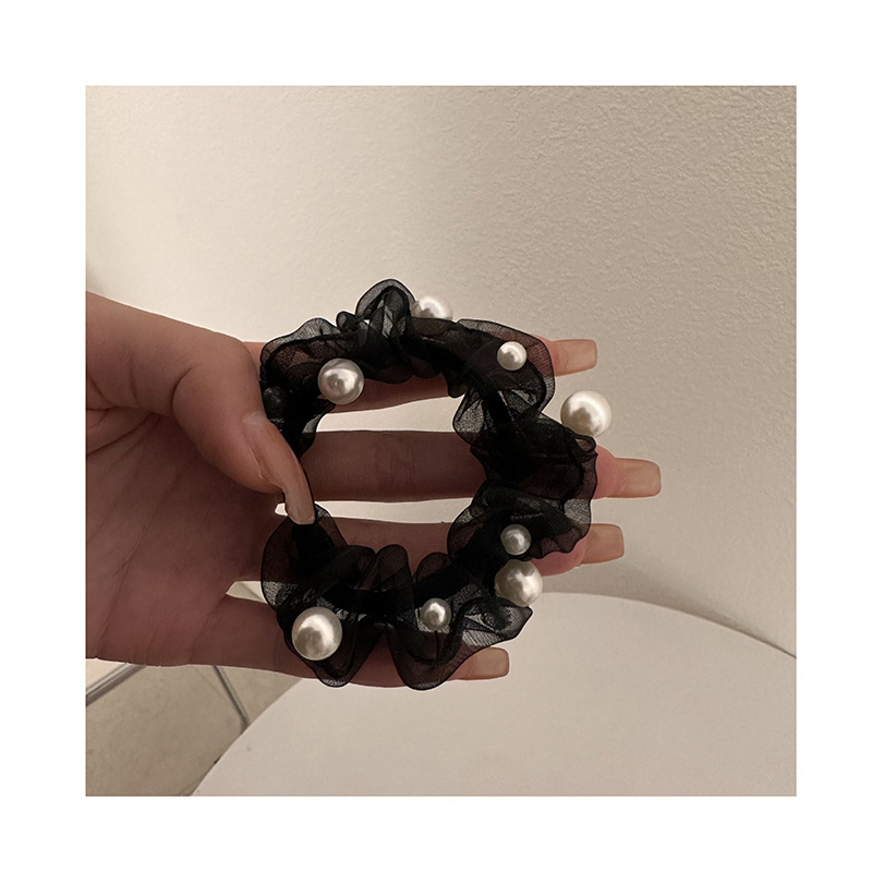 Korean Style Organza Nail Pearl Hair Band Fairy Mesh Elastic Hair Band Girly and Fashion Intestinal Ring Solid Color Hair Rope