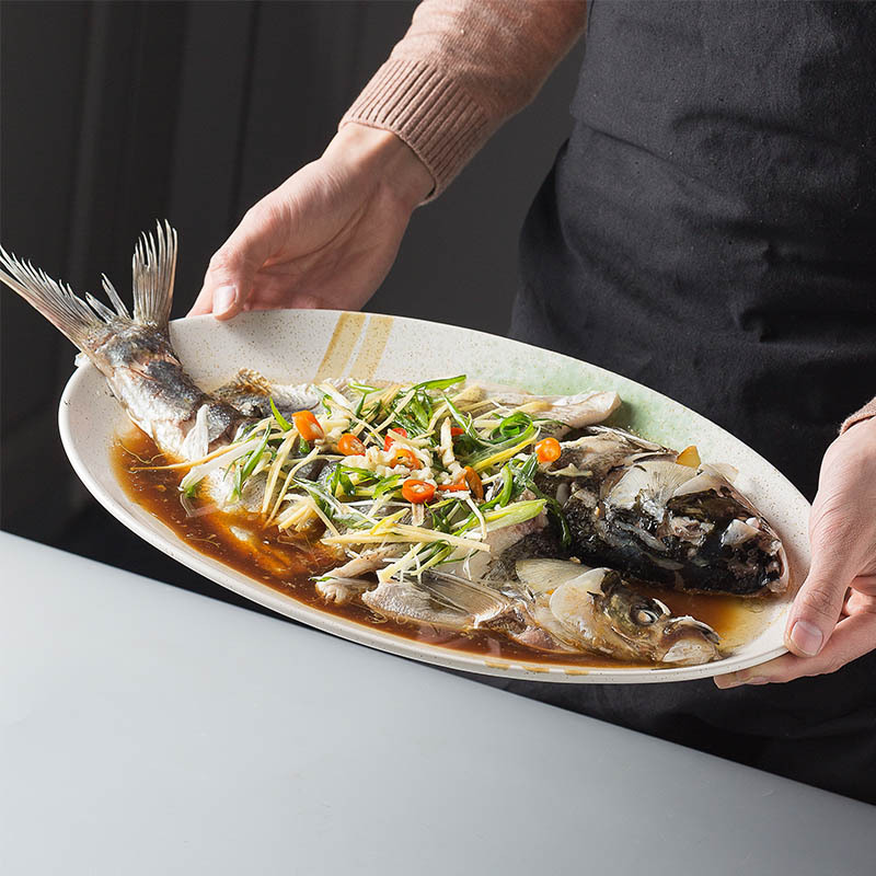 日式鱼盘冰裂陶瓷釉下彩餐具创意菜盘新款大号蒸鱼盘装鱼盘子家用