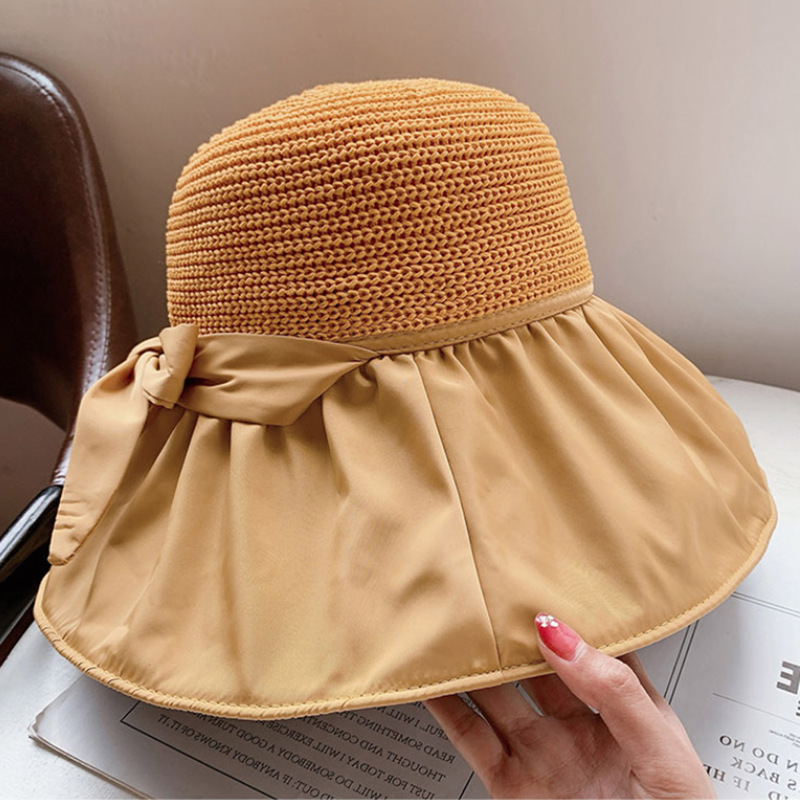 Hat Female Summer Big Brim Black Glue Bucket Hat Upf50 + Sun Hat Bow Face Cover Sun-Proof Hat Sun Hat Female