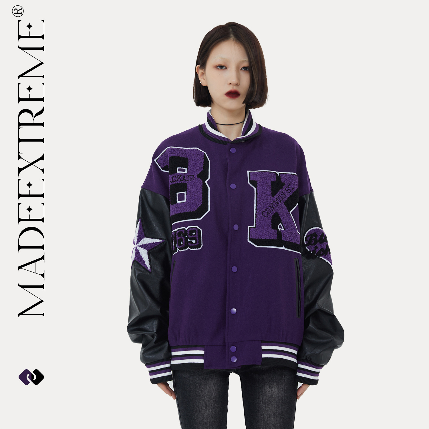 blackair 国潮复古街头拼色棒球服中性玫瑰字母毛巾绣