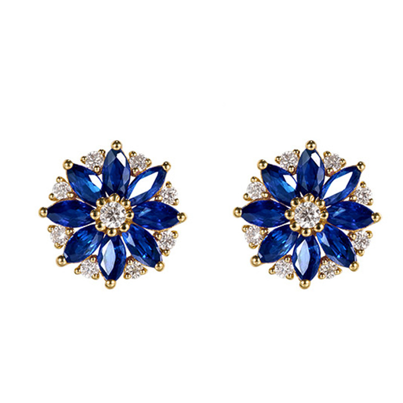 镶嵌蓝刚玉尖蓝太阳花形耳钉 镀18k金钻石耳环时尚气质蓝宝石耳钉