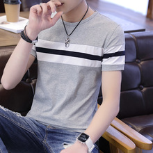 夏季男士T恤短袖男衣服薄款青少年韩版潮流圆领半袖修身条纹体恤