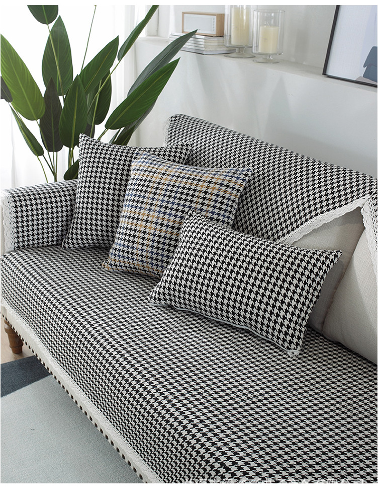 千鸟格子棉麻夏季沙发垫四季通用布艺防滑高档北欧亚麻盖布套罩巾
