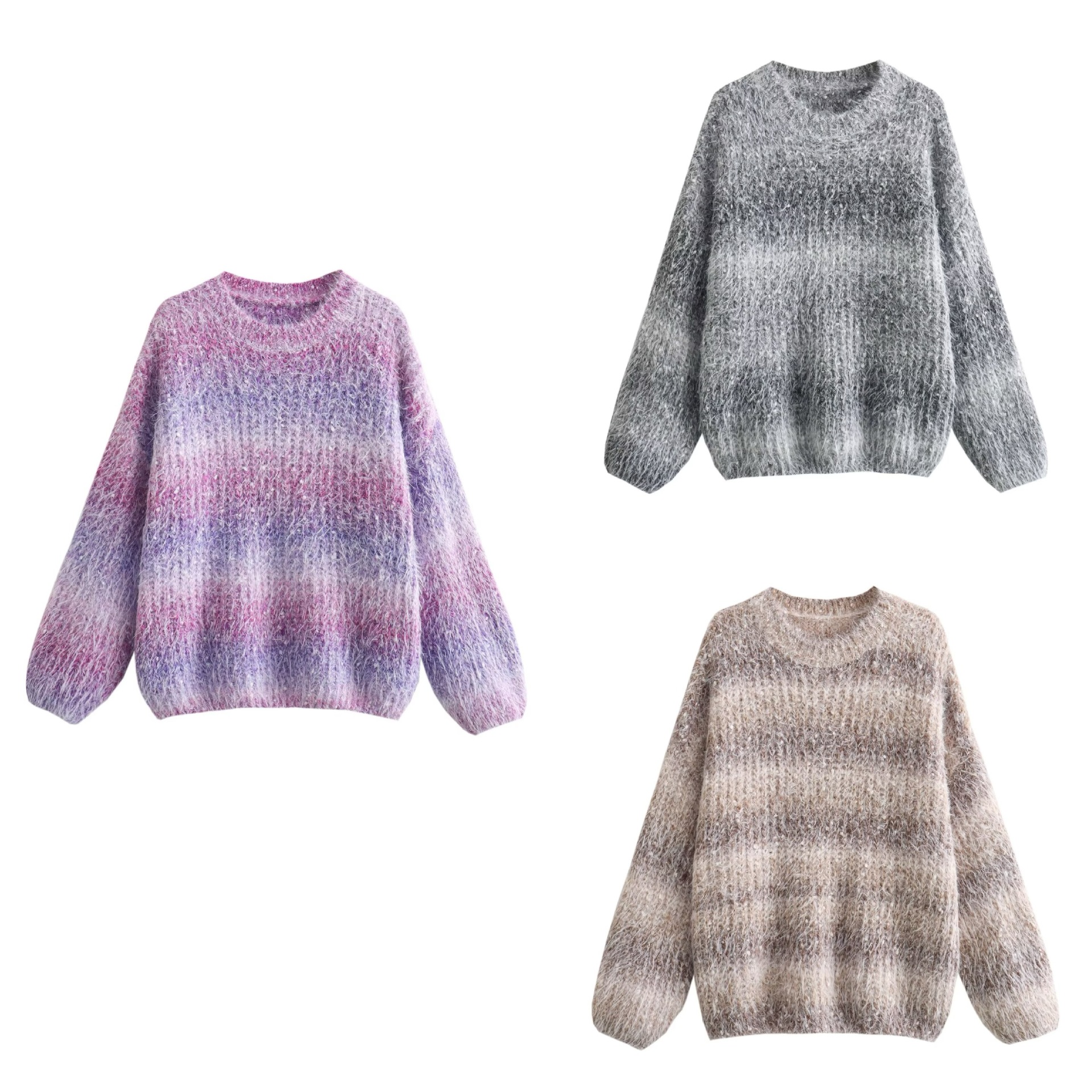 跨境批发2023冬季新款大版宽松元宝针雪花长毛渐变套头毛衣sd3614