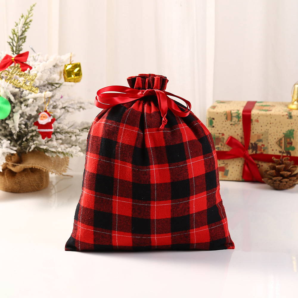 Christmas Red Black Plaid Drawstring Bag Polyester Cotton Sack Candy Biscuit Buggy Bag Drawstring Gift Bag Gift Bag