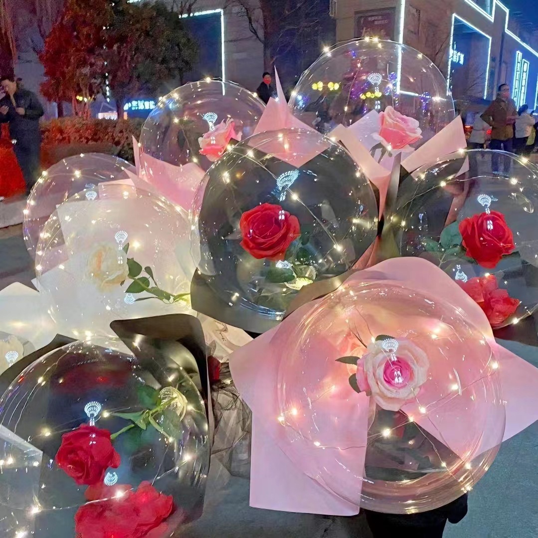 网红发光玫瑰花波波球七夕表白手捧花束气球批发夜市摆摊网红气球