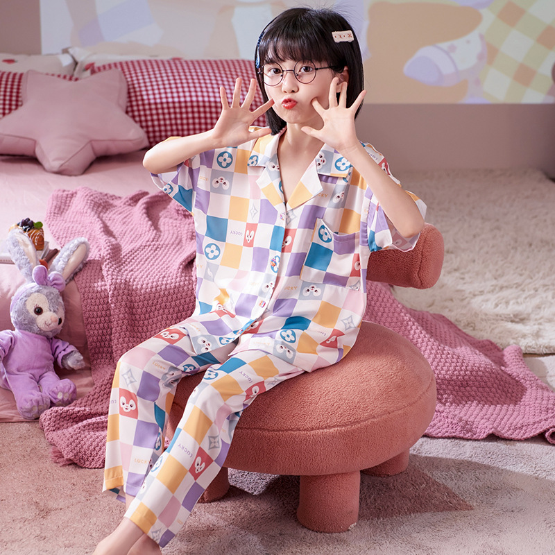 Children's Pajamas Small Girls and Teen Girls Summer Ice Silk Thin Cardigan Short Sleeve Three-Piece Set Baby Girl Air Conditioning Clothes Homewear