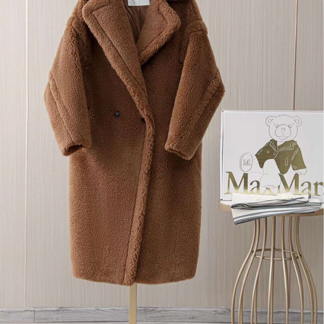 2023秋冬新款m家经典焦糖色泰迪熊加厚颗粒羊毛大衣长款外套女