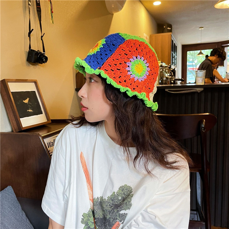 尼泊尔风彩虹手工钩花花边镂空盆帽女波西米亚撞色花朵针织渔夫帽