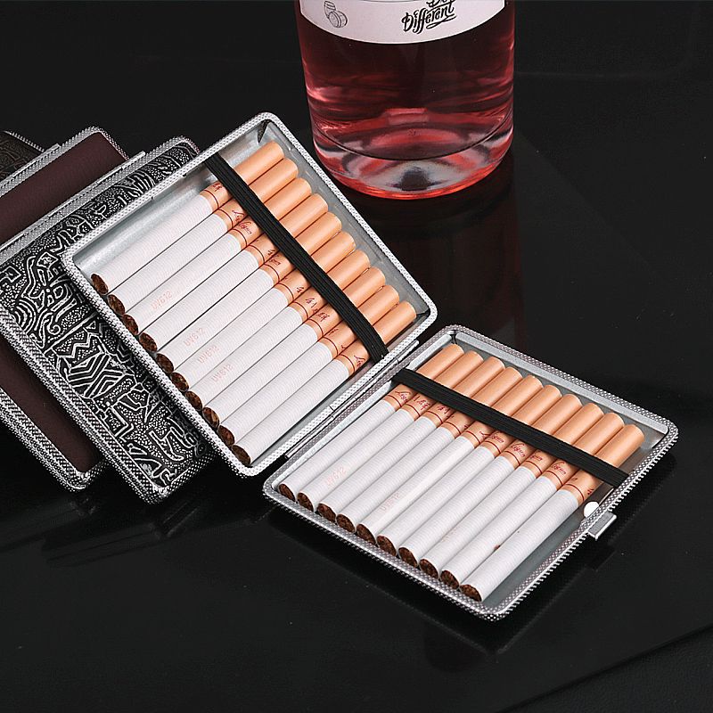 Wholesale Leather Cigarette Case Men's Boutique Portable 20 PCs Metal Sticker Leather Cigarette Case Cigarette Holder Factory Direct Sales Cigarette Set