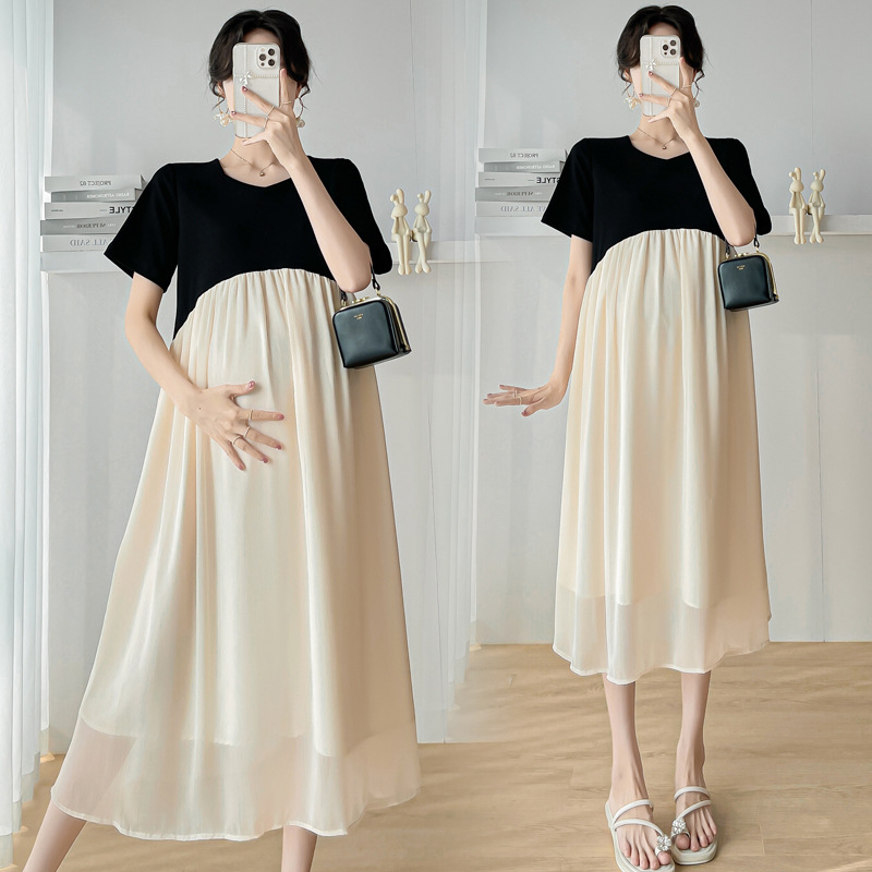 孕妇装2023夏季新款时尚假两件宽松大码韩版孕妇连衣裙夏装拼接裙